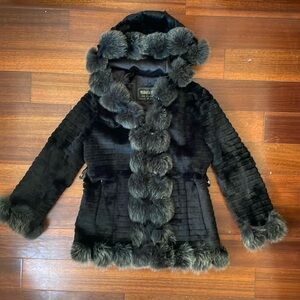 Y2K Puff Ball Trim Hooded Fur Coat Cool Downtown Fun Going Out Coat Size Small